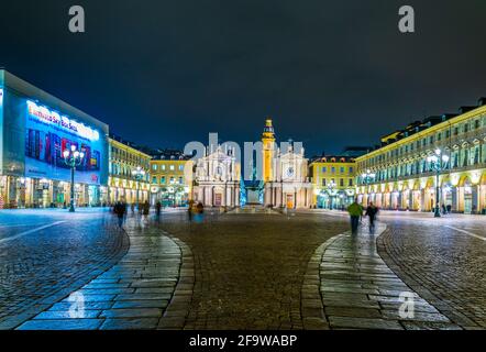 TORINO, ITALY, MARCH 12, 2016: night view of the illuminated piazza san carlo with church saint carlo borromeo - church of saint cristina and carlo in Stock Photo