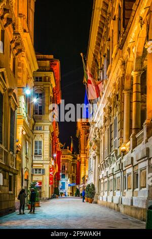 GENOA, ITALY, MARCH 13, 2016: night view of the via garibaldi street in the italian city genoa. Stock Photo