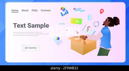african american man holding cardboard box with online computer applications social media network concept Stock Vector