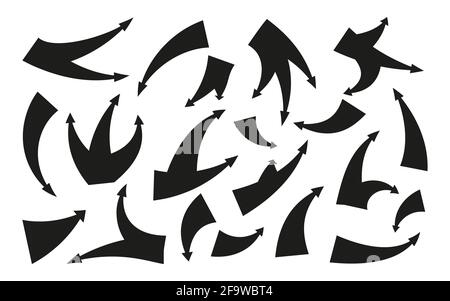 Black silhouette attack arrows icon set. Historical arrow in retro style for map. Flat infographic element of pointer cursor. Simple graphic symbol forward, back. Isolated on white vector illustration Stock Vector