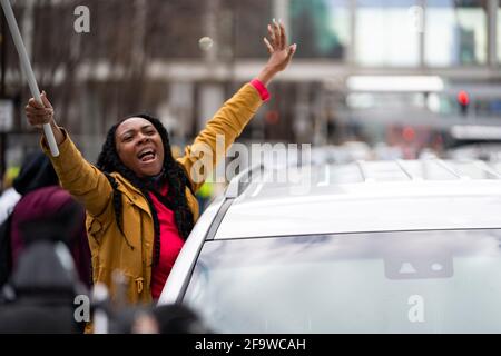 Minneapolis, Minnesota, USA. 20th Apr, 2021. People celebrate outside of the Hennepin County Government Center after a jury found Chauvin guilty on all three counts in the murder of Floyd. Credit: Dominick Sokotoff/ZUMA Wire/Alamy Live News Stock Photo