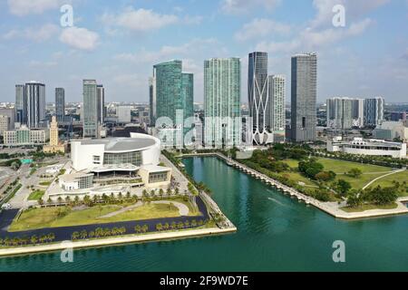 Miami, Florida - April 17, 2021 - Aerial view of American Airlines Arena and surrounding buildings and parks. Stock Photo