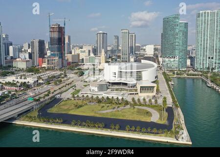 Miami, Florida - April 17, 2021 - Aerial view of American Airlines Arena and surrounding buildings and parks. Stock Photo