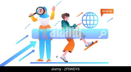 businesspeople looking through magnifying glass search or research development web surfing concept Stock Vector