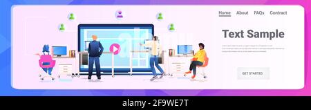 bloggers creating clip mix race people watching video content on screen social media network concept Stock Vector