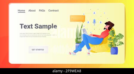 woman communicate by voice messages audio chat application social media communication Stock Vector