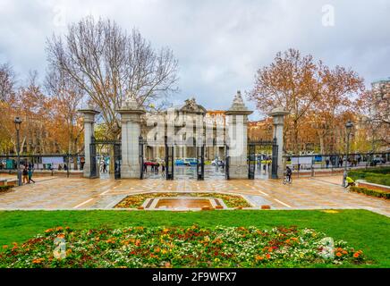 MADRID, SPAIN, JANUARY 10, 2016: Puerta de Alcala in Madrid viewed from the park buen retiro Stock Photo