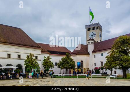 LJUBLJANA, SLOVENIA, JULY 29, 2015: Panoramic view of the Ljubljana castle - Ljubljanski grad, Slovenia, Europe. Stock Photo