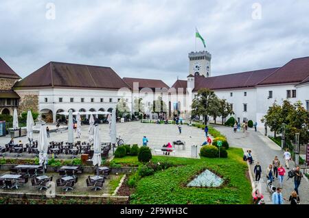 LJUBLJANA, SLOVENIA, JULY 29, 2015: Panoramic view of the Ljubljana castle - Ljubljanski grad, Slovenia, Europe. Stock Photo