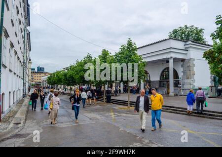 LJUBLJANA, SLOVENIA, JULY 29, 2015:Ljubljana Market arcade on the Ljubljanica river Stock Photo