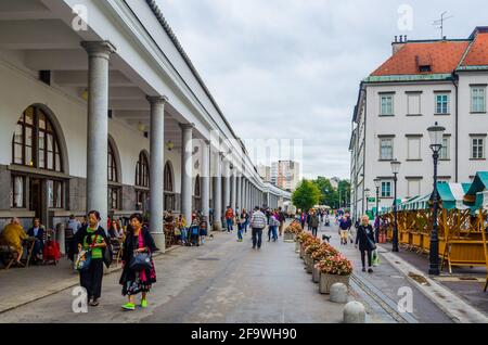 LJUBLJANA, SLOVENIA, JULY 29, 2015:Ljubljana Market arcade on the Ljubljanica river Stock Photo