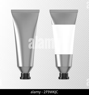 Metal tube for hand cream or paints 3d mockup front view, aluminium or silver colored packaging with blank label and black cap. Cosmetics product, glue or toothpaste pack, Realistic vector mock up Stock Vector