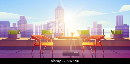 Restaurant on terrace on rooftop with city view. Empty patio on roof or balcony with cafe furniture, table, chairs and plants at sunny day. Vector cartoon illustration of house terrace in town Stock Vector