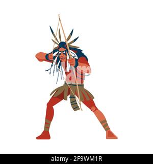 Native American Indian warrior man shooting a bow, tribe member in traditional ethnic clothes and headband with feather. Cartoon, flat vector Stock Vector