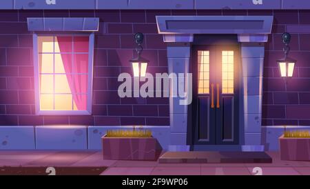 House facade with door and window at night. Home entrance with light from lanterns on brick wall and window. Vector cartoon facade of vintage residential building with front door in stone frame Stock Vector