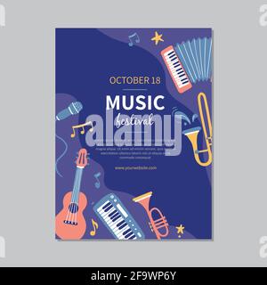 Hand drawn music festival banners template with musical instrument. Doodle sketch style. Vector illustration forsic festival flyer, brochure background Stock Vector