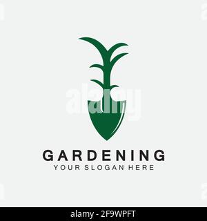 Gardening logo with shovel icon and tree with green leaves logo template. Stock Vector