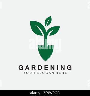 Gardening logo with shovel icon and tree with green leaves logo template. Stock Vector