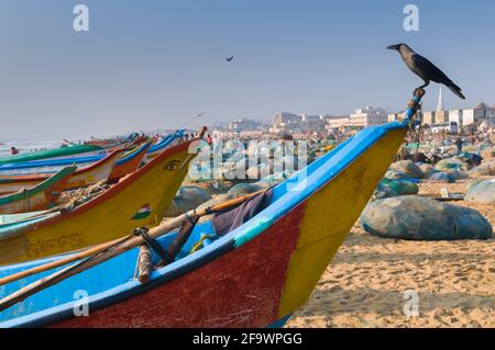 Fishing boats on Marina Beach Chennai Tamil Nadu India Stock Photo