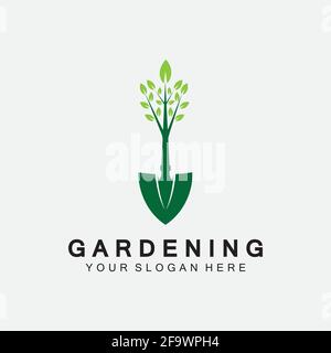 Gardening logo with shovel icon and tree with green leaves logo template. Stock Vector