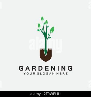 Gardening logo with shovel icon and tree with green leaves logo template. Stock Vector