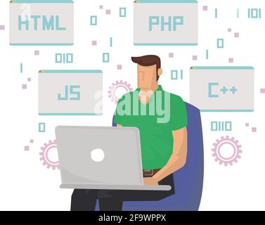 Programmer at working with different coding languages. Concept of freelance coder or outsouce worker. Flat isometric vector illustration isolated on w Stock Vector