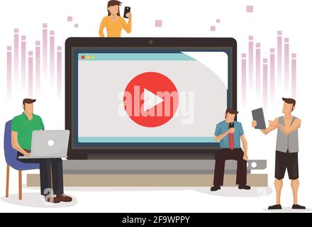 Group of people enjoy the video steaming on their computer and mobile phones. Vector illustration isolated on a white background. Stock Vector