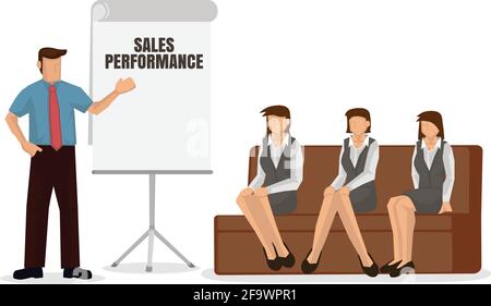 Business coach speaker giving presentation. Mentor leader explain sales performance strategy at team meeting workshop. Flat vector illustration. Stock Vector