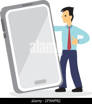 Businessman showing giant smartphone display. Flat character design with holding mobile device with empty display. Flat vector illustration Stock Vector