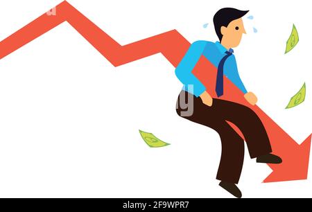 Businessman holding on a falling arrow. Concept of Recession or Crisis. Flat cartoon vector illustration. Stock Vector