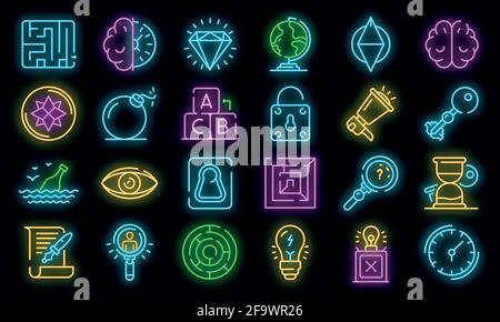 Quest icons set. Outline set of quest vector icons neon color on white Stock Vector