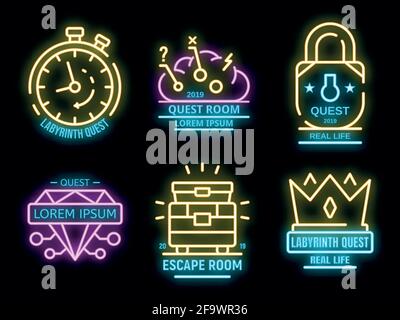 Quest game icons set. Outline set of quest game vector icons neon color on white Stock Vector