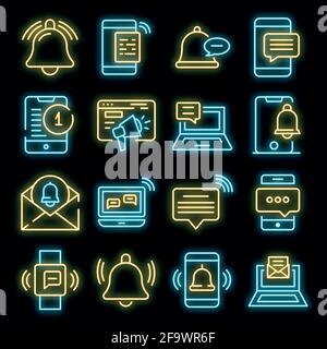 Notification icons set. Outline set of notification vector icons neon color on white Stock Vector