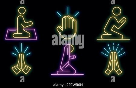 Prayer icons set. Outline set of prayer vector icons neon color on white Stock Vector