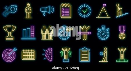 Coach icons set. Outline set of coach vector icons neon color on white Stock Vector