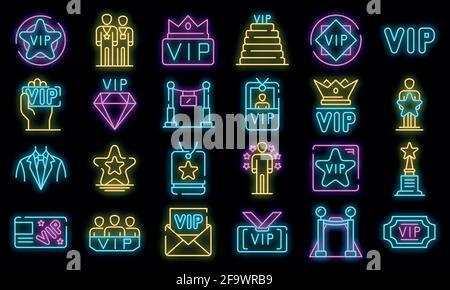 Vip icons set. Outline set of vip vector icons neon color on white Stock Vector