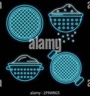 Sieve icons set. Outline set of sieve vector icons neon color on black Stock Vector