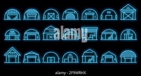 Hangar icons set. Outline set of hangar vector icons neon color on black Stock Vector