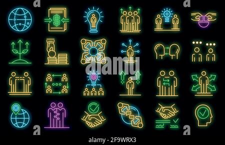 Business cooperation icons set. Outline set of business cooperation vector icons neon color on black Stock Vector