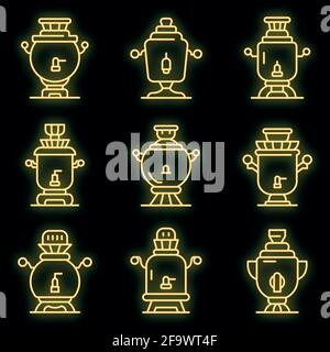 Samovar icons set. Outline set of samovar vector icons neon color on black Stock Vector