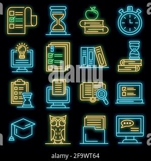 Preparation for exams set. Outline set of preparation for exams vector icons neon color on black Stock Vector