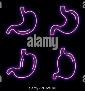 Stomach icons set. Outline set of stomach vector icons neon color on black Stock Vector
