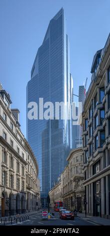 City of London, 20 April 2021. View along Threadneedle Street with 22 Bishopsgate skscraper in background against a blue sky Stock Photo