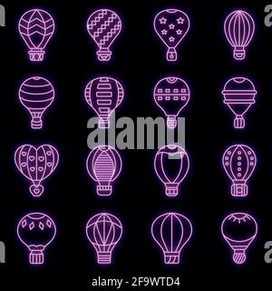 Air balloon icons set. Outline set of air balloon vector icons neon color on black Stock Vector