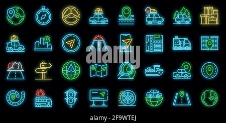 Car trip icons set. Outline set of car trip vector icons neon color on black Stock Vector