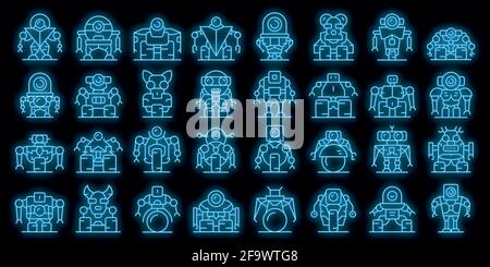 Robot-transformer icons set. Outline set of robot-transformer vector icons neon color on black Stock Vector