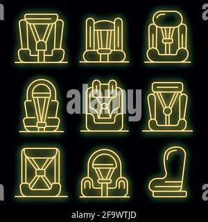 Baby car seat icons set. Outline set of baby car seat vector icons neon color on black Stock Vector
