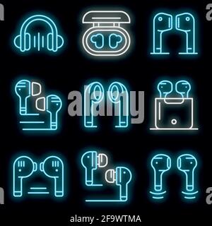 Wireless Earbuds icons set. Outline set of Wireless Earbuds vector icons neon color on black Stock Vector