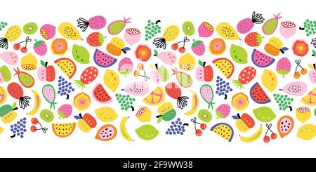 Fruit seamless border vector. Repeating horizontal pattern colorful cute healthy fruit salad. Abstract pineapple lemon banana apple orange strawberry Stock Vector
