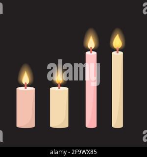 Burning candles flame set. Cartoon burning church wax candles on the different stages of burning from a whole before an extinguished candle to cinder Stock Vector